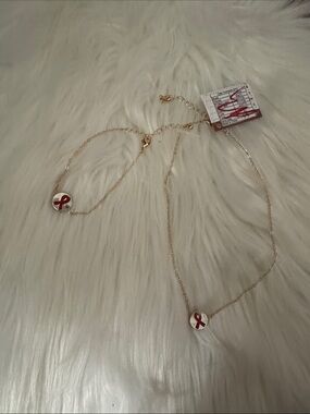 Gold-Tone Necklace Set with Red Ribbon Charms